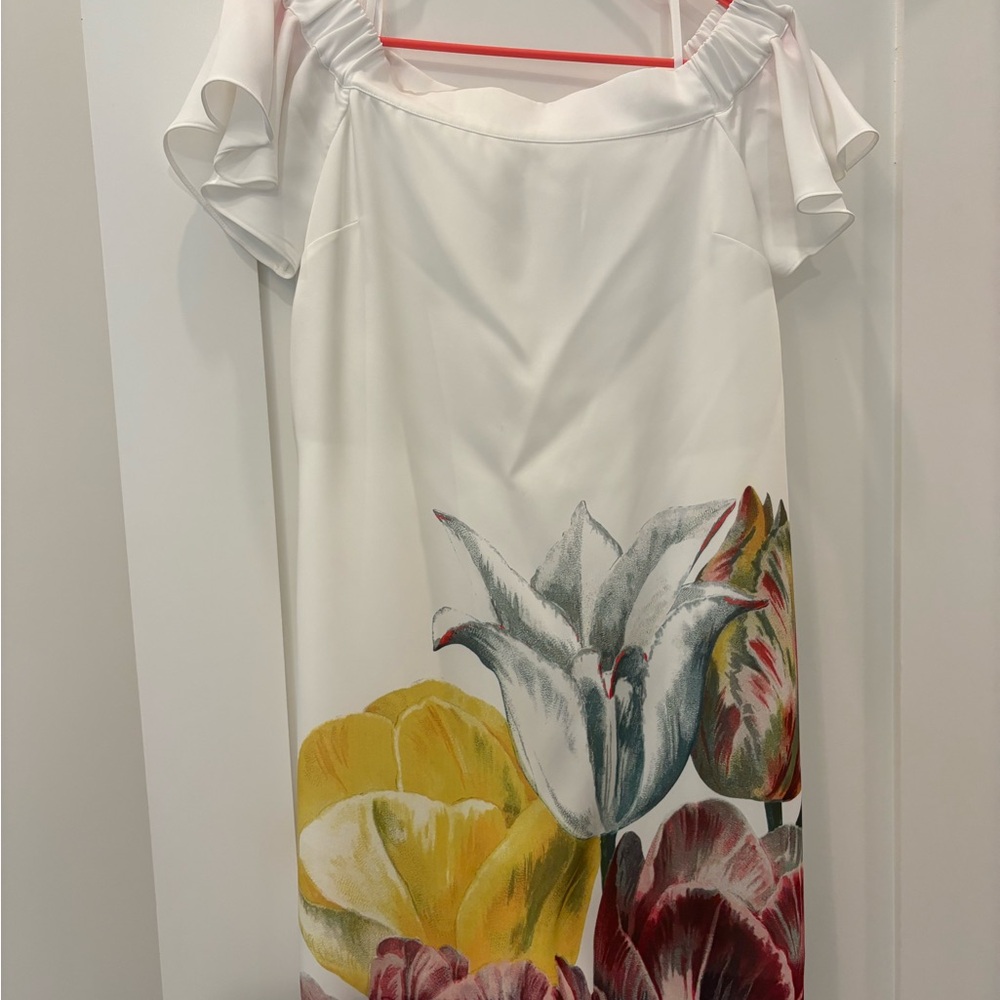 Ted Baker White and Yellow Off-Shoulder Flutter Sleeve Midi Dress